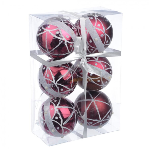 Сноу Бум Новогодние шары, набор с орнаментом 6 шт. d 8 см. d 8 см.пурпурный, в подарочной упаковке. - фото 147415