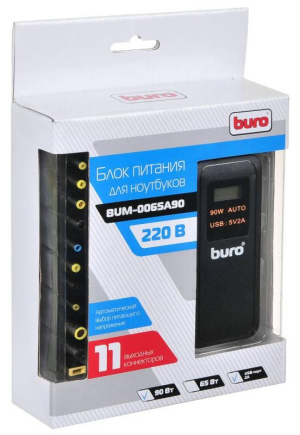 Блок питания Buro BUM-0065A90 автоматический 90W 12V-20V 11-connectors 5A 1xUSB 2.1A от бытовой электросети LСD индикатор - фото 182351