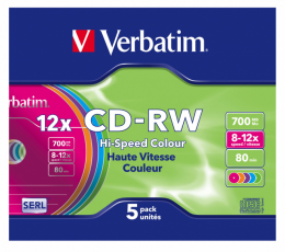 CD-RW Verbatim 700Mb 12x Slim case (5шт) Color (43167)