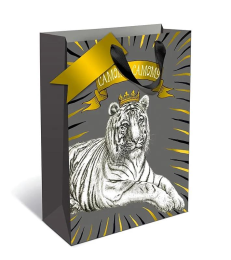 Magic Time Подарочный пакет "Белый тигр в шарфе" 140 г/м2, 26*32,*12,7 см. (86262)